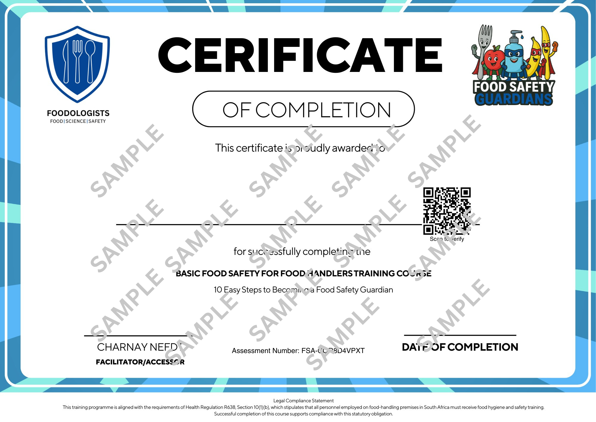 Food Safety Certificate of Completion - Sample